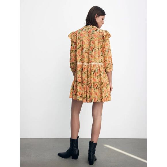 NWT Zara Floral Print V-Neck Ruffle Sleeve Babydoll Mini Dress Size Medium - Picture 7 of 11